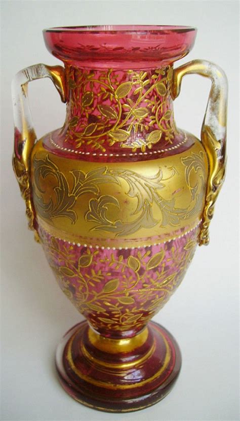 Antique Moser Bohemian Cranberry Glass Vase Ca1890 Gilt And Enamel Moser Glass Bohemian Moser