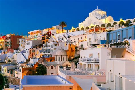 Fira Città Principale Di Santorini Alla Notte Grecia Fotografia Stock