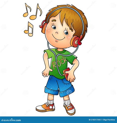 Cartoon Boy In Headphones Listening To Music Colorful Vector