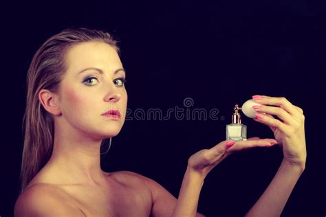 Beautiful Woman With Holding And Applying Perfume Stock Image Image