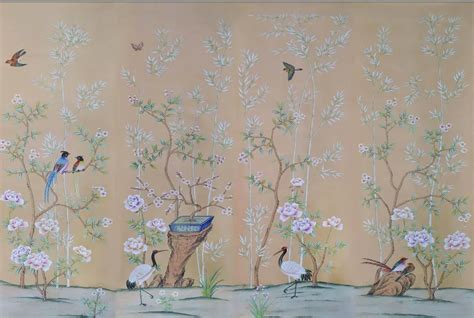 Europe Style Hand Painted Silk Wallpaper Painting Flower With Birds