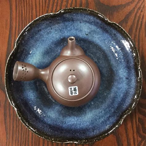 Bank Purple Clay Teapot By Rigetsu On A Blue Hagi Dish By Seigan