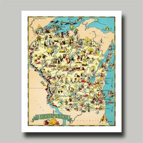 Wisconsin Map Vintage Print Poster Cartoon Panoramic