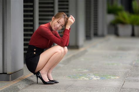 K Asian Pose Sitting Legs Stilettos Stockings Blouse Brown