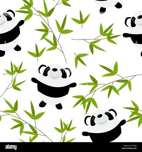 Cute Little Panda With Bamboo Leaves Seamless Pattern Stock Vector