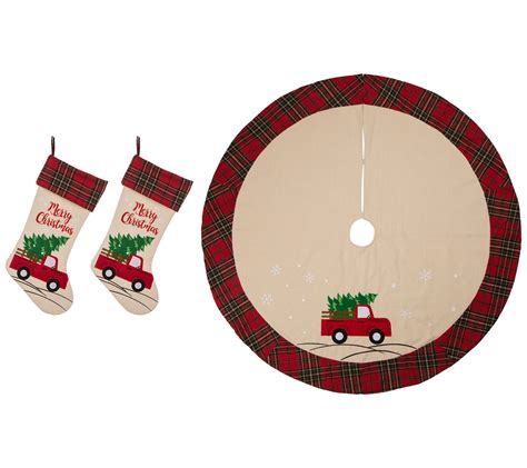 Glitzhome Set Of 3 Red Truck Christmas Stockingand Tree Skirt