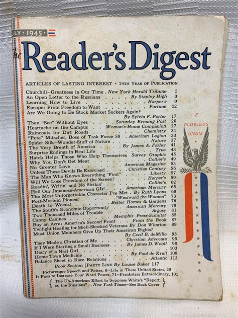 Readers Digest Magazine July 1945 De Various Very Good Soft Cover
