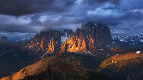 Landscape Mountain Snowy Peak Clouds Sunset Forest Italy Alps