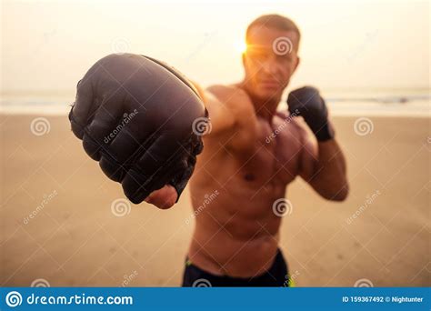 Strong Boxer Man Doing During Kickboxing Exercise Fight