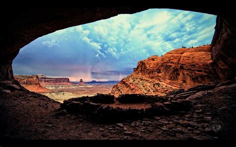 Cave Desert Storm Rock Stone Clouds Hd Wallpaper Nature And Landscape
