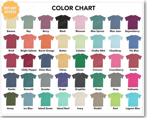 Comfort Colors 6030 Color Chart C6030 Garment Dyed Etsy