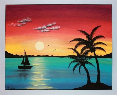 Acrylic Easy Beach Sunset Paintings Coloring Barbie