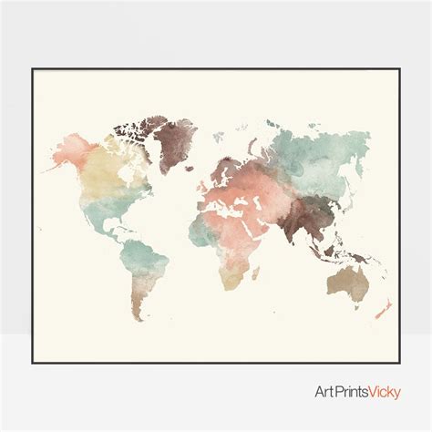 World Map Poster Pastel Art Prints Vicky World Map Art Water Color