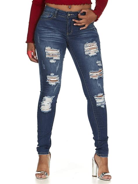Cute Trendy Stone Washed Torn Ripped Distressed Skinny Jeans Juniors Plus W Classic Blue