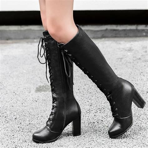 Women Lace Up Riding Side Zip Heels Mid Calf Knee High Boots Round Toe