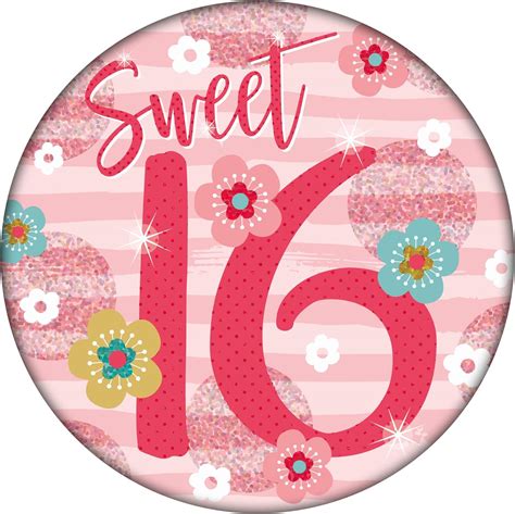 Age 16 Birthday Badge Pink And Silver Holographic Flower Recyclable