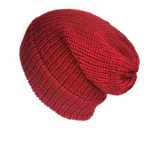 Red Knitted Slouchy Beanie Hat Chunky Slouchy Hat With Double Etsy In