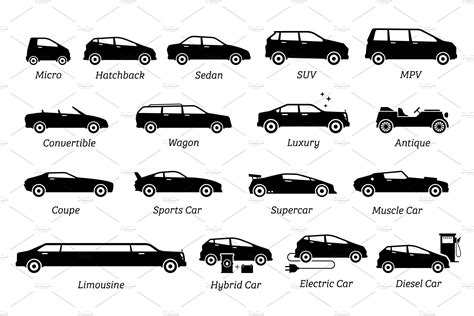 Types Of Cars Vehicles Sizes Icons Icons ~ Creative Market