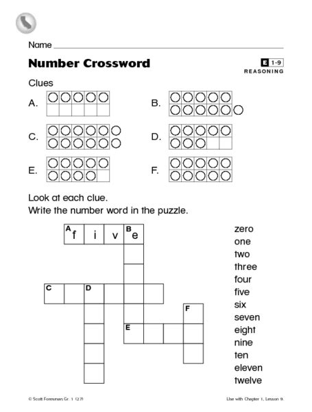 Number Crossword Worksheet For Kindergarten 2nd Grade Lesson Planet