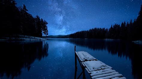 Hd Wallpaper Milky Way Night Sky Starry Night Lake Pier Nature