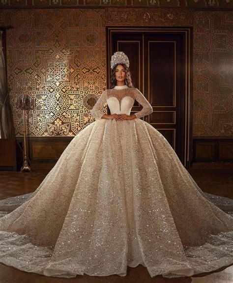 Arabic Luxury Ball Gown Wedding Dresses Lace Sequins Beads High Neck