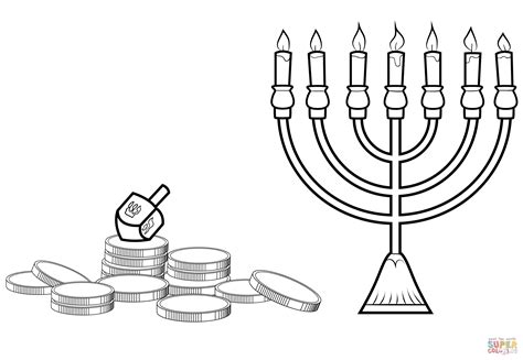 Hanukkah Menorah Dreidel And Gelt Coloring Page Free Printable