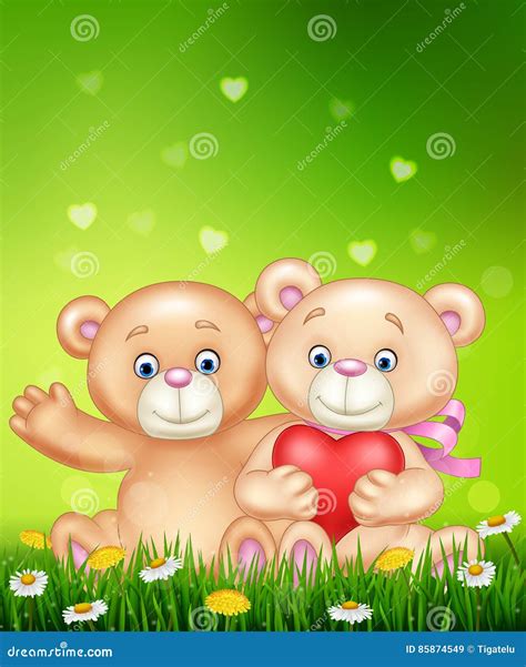 Cartoon Illustration Of Cute Couple Of Teddy Bear Hugging Heart