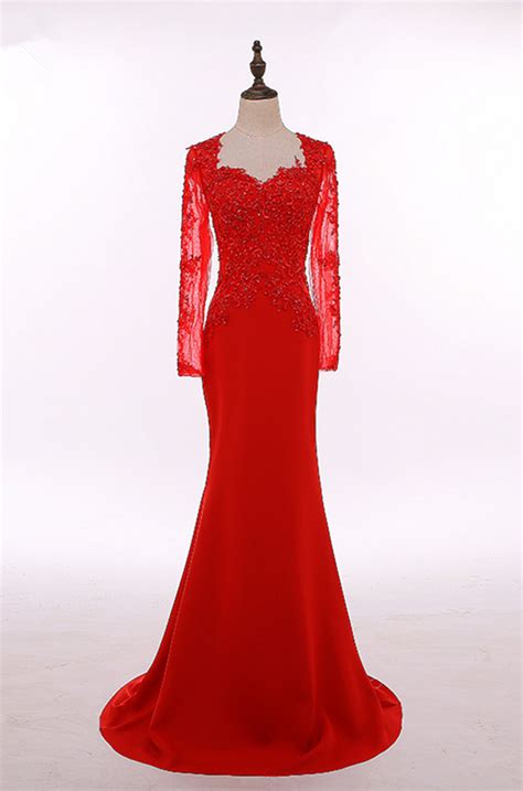 Custom Made Long Sleeve Red Long Evening Dress New Arrival Prom Dress