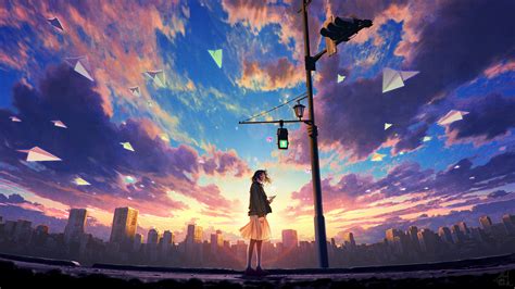 Anime Girl Sky Clouds Sunrise Scenery 4k