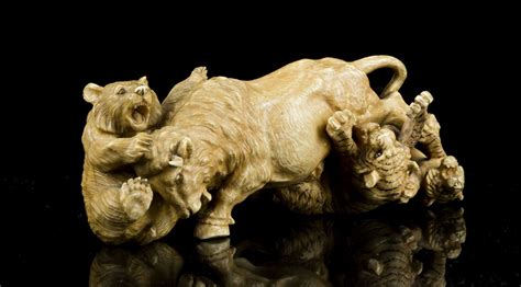 Chinese Carved Ivory Miniature Animals Fighting