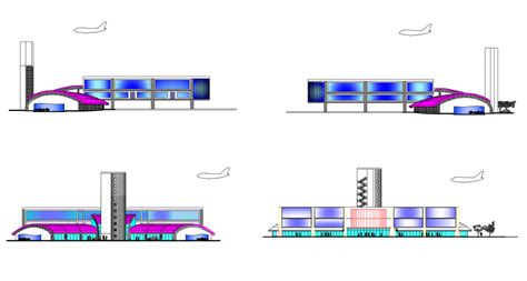 Airport Terminal Multi Level Building All Sided Elevation Cad Drawing