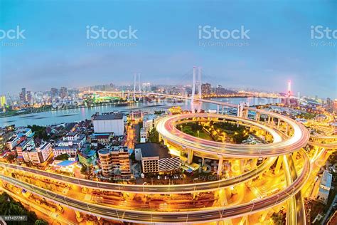 Shanghai Elevated Road Junction And Interchange Overpass At Night Stock