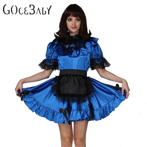 Sissy In Sissy Maid Lockable Blue Stain Dress Costume Uniform Forced