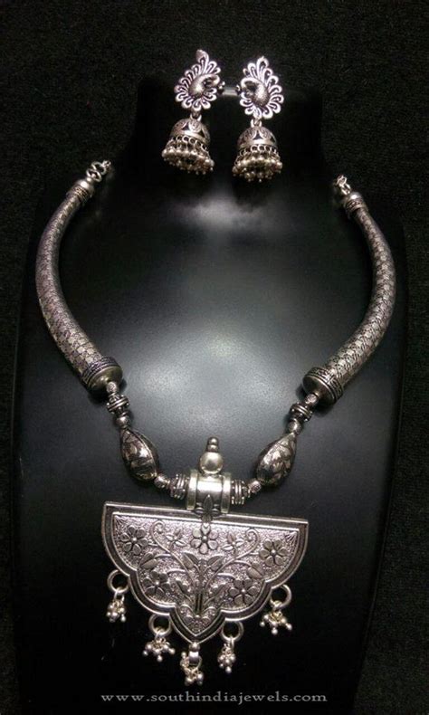 Oxidized Silver Necklace With Jhumka ~ South India Jewels
