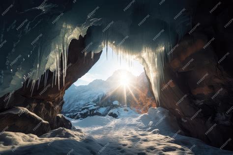 Premium Ai Image Frozen Cavern With Distant View Of The Sun Rising