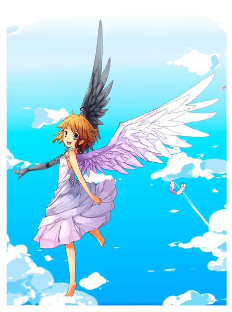 Safebooru Girl D Angel Angel Wings Asymmetrical Wings Barefoot Blonde Hair Blue Eyes
