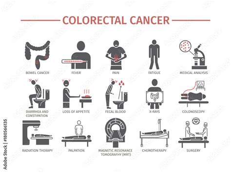 Colorectal Cancer Symptoms Diagnostics Flat Icons Set Vector Signs