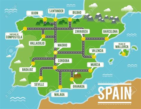 Cartoon Vector Map Of Spain Travel Illustration With Spanish Map
