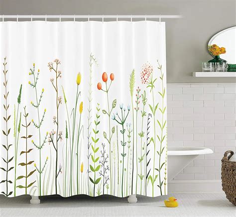 Lunarable Spring Shower Curtain Blossoming Wildflowers Grassland