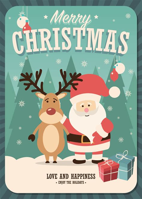 Merry Christmas Card With Santa Claus And Reindeer And