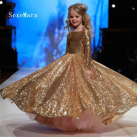 2018 New Arrival Gold Sequins Flower Girl Dresses Long Sleeves Floor