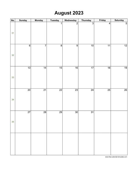 2023 August Calendar Blank Vertical Template Free Calendar