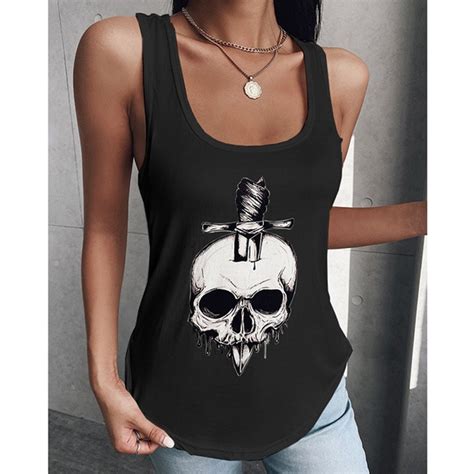 Tank Top Women Casual Skull Print Tops Sleeveles T Shirts Summer