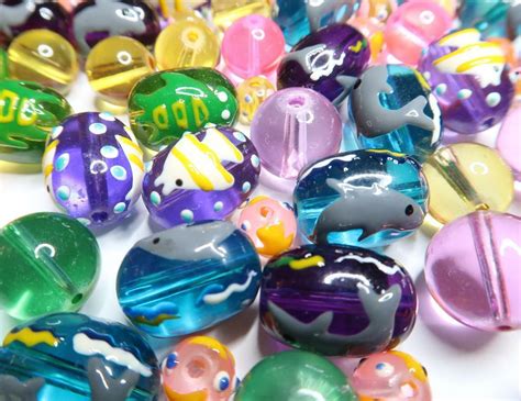 Glass Fish Beads Hand Painted Tropical Fish Turtle Dolphin Mix Color
