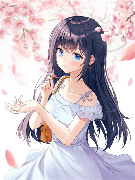 Safebooru 1girl Absurdres Bag Blue Eyes Cherry Blossoms Dress