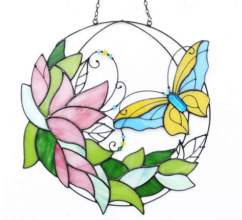 Butterfly With Flowers Window Hangings Stained Glass Art Etsy