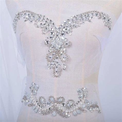 Bling Beaded Applique V Neck Rhinestone Sequin Trim Bridal Applique Design Patch Sew On Wedding