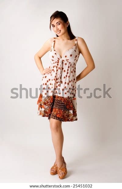 Sexy Asian Woman Standing Wearing Floral Dress