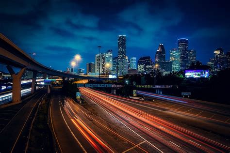 Time Lapse Photography Car Lights Street Road Night Time Houston