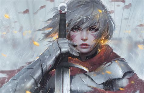 Girl Holding Sword Illustration Gray Hair Guweiz Armor Sword 2k